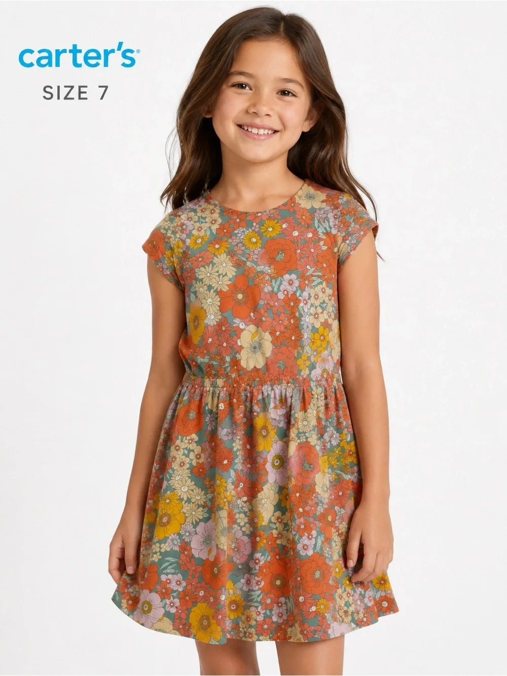 Carter’s Girls Floral Dress Size 7 Colorful Retro Flower Print Dress
